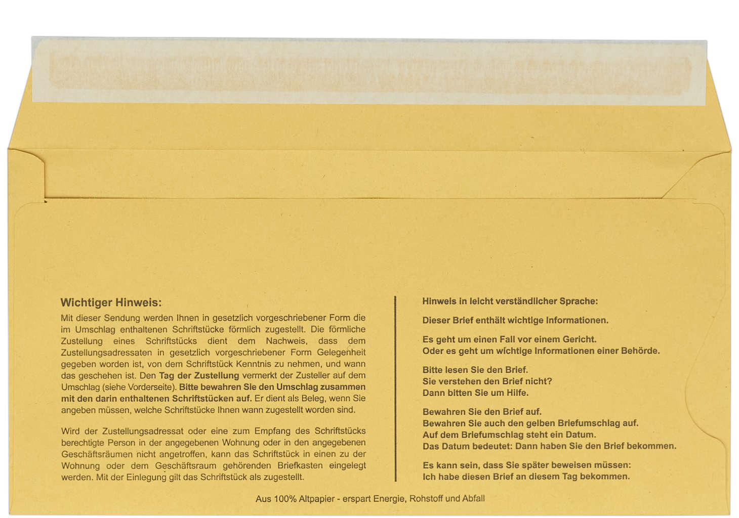 Zustellungsumschlag 114x226 mm, mit Haftklebung, Rückseite offen