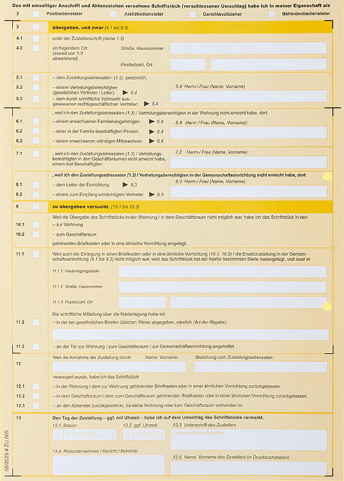 Postzustellungsurkunde Rückseite
