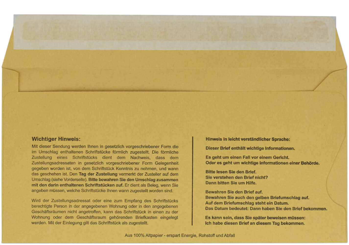 Zustellungsumschlag 114x226 mm, mit Haftklebung, Rückseite offen