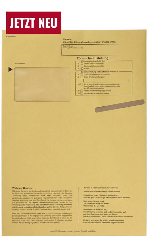 Zustellungsumschlag C4 mit Haftklebung, Vorderseite